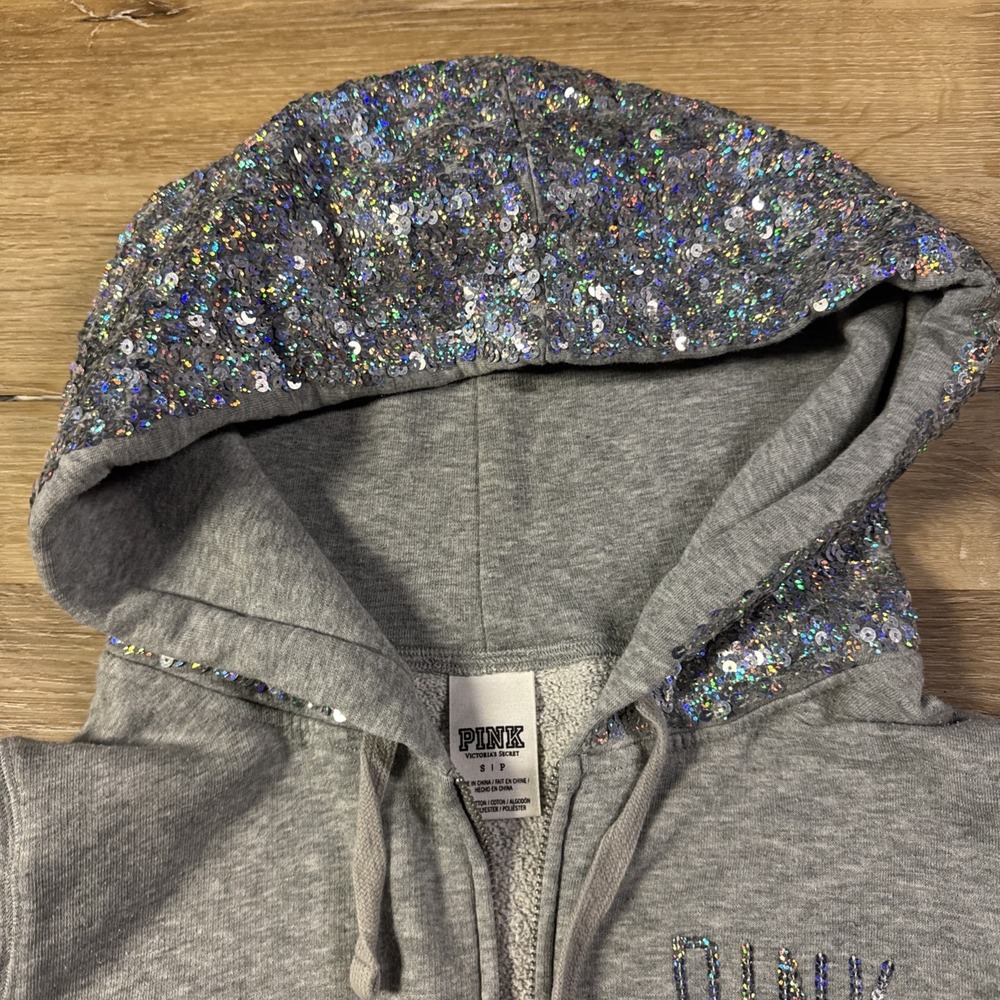 VTG Y2K Victorias Secret Sequin Love Pink Zip Hoodie Grey Silver Sz S READ